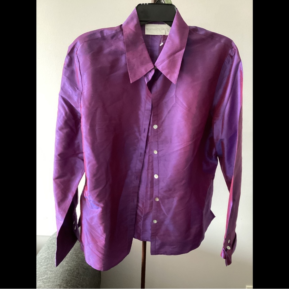 L 16 Vintage 100% Chinese Silk Purple Button Down Shirt Worthington